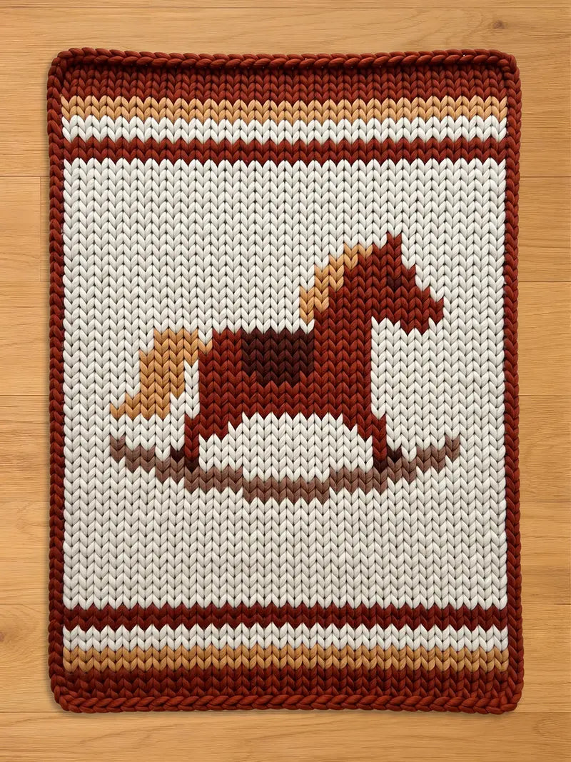 A knitted rectangular chunky blanket featuring a rocking horse design. The rug has a white background with a brown rocking horse in the center. The border and stripes are in shades of brown and tan.