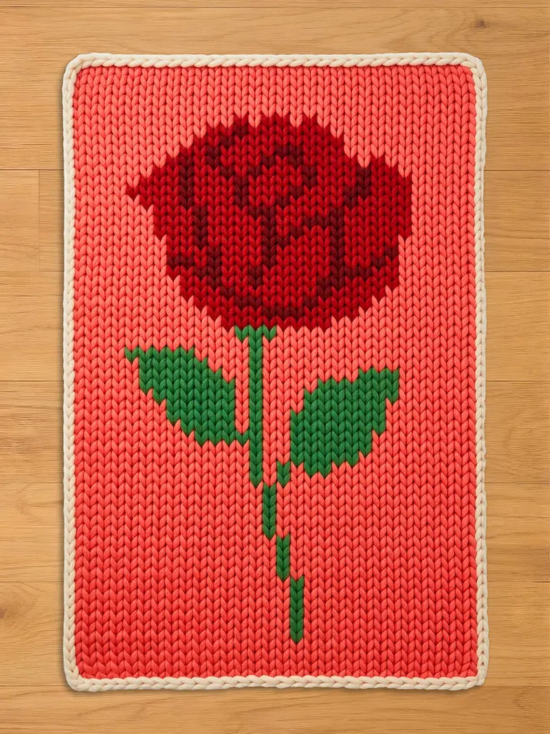 A knitted rectangular blanket featuring a large red rose with green leaves and stem against a coral background. The blanket has a white border and is placed on a wooden surface.