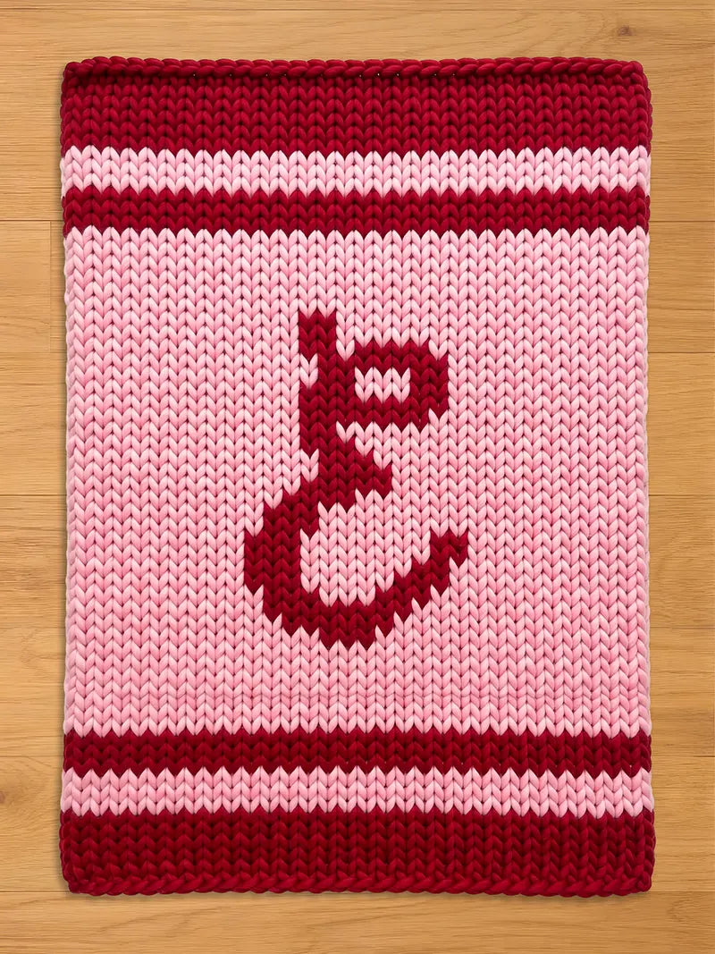 A chunky knitted blanket in shades of pink and burgundy. The blanket features a large, stylized letter "E" in burgundy in the center. The top and bottom edges, along with a stripe, are burgundy. The background is light pink.