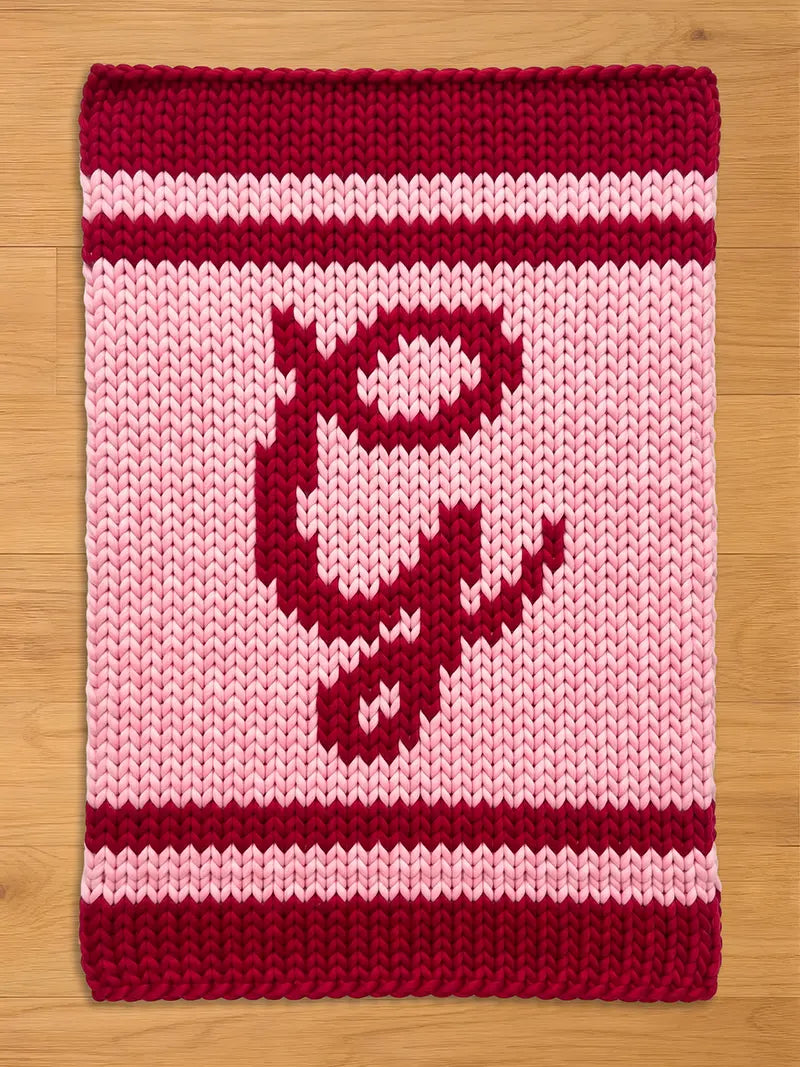 A knitted chunky blanket in shades of pink and burgundy. The top and bottom borders are burgundy, with a lighter pink stripe in between. A burgundy graphic is centered on the pink field.