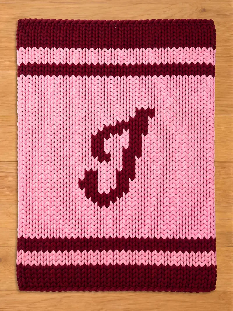 A knitted chunky blanket in shades of pink and burgundy. The blanket features a large letter "I" in burgundy, centered on a pink field. Burgundy stripes border the top and bottom edges, creating a cozy, handmade aesthetic.