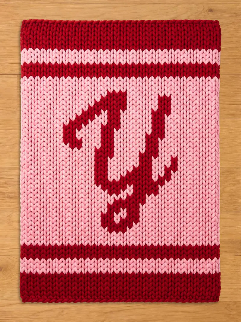 A knitted blanket in shades of red and pink. The top and bottom borders are a solid red, with a red and white stripe in the middle. The center features a red graphic design of lettter "Y". The blanket is made of a chunky knit.