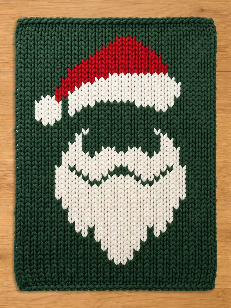 A rectangular knitted blanket featuring a dark green background with a central graphic of a Santa Claus face. The design is created with white yarn for the beard and hat trim, and red yarn for the top of the Santa hat, all in a chunky knit.
