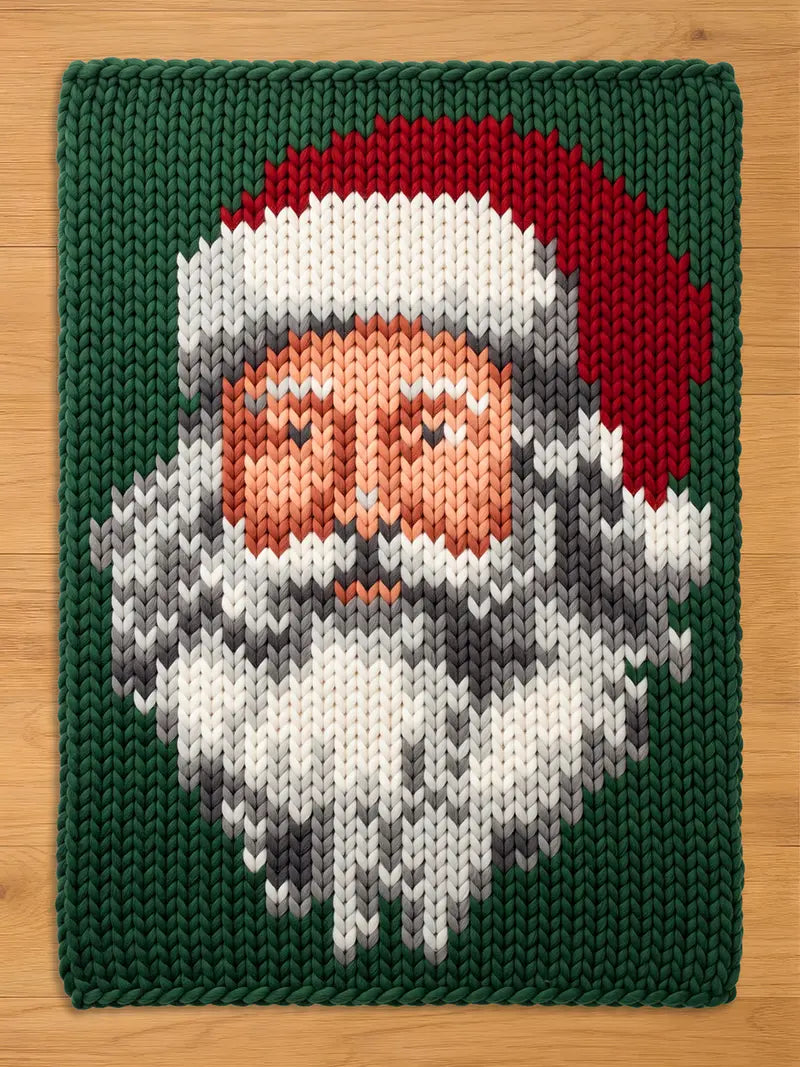 A rectangular chunky knit blanket laid flat on a wooden surface. The blanket features a detailed, knitted pattern of Santa Claus's face, complete with his classic red hat, textured white and grey beard, and peach complexion, all set against a solid dark green background