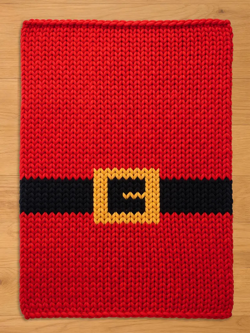 A rectangular chunky knit blanket featuring a vibrant red base with a horizontal black stripe across the center. A square yellow buckle design is centered on the black stripe, creating a pattern that resembles a Santa Claus suit.