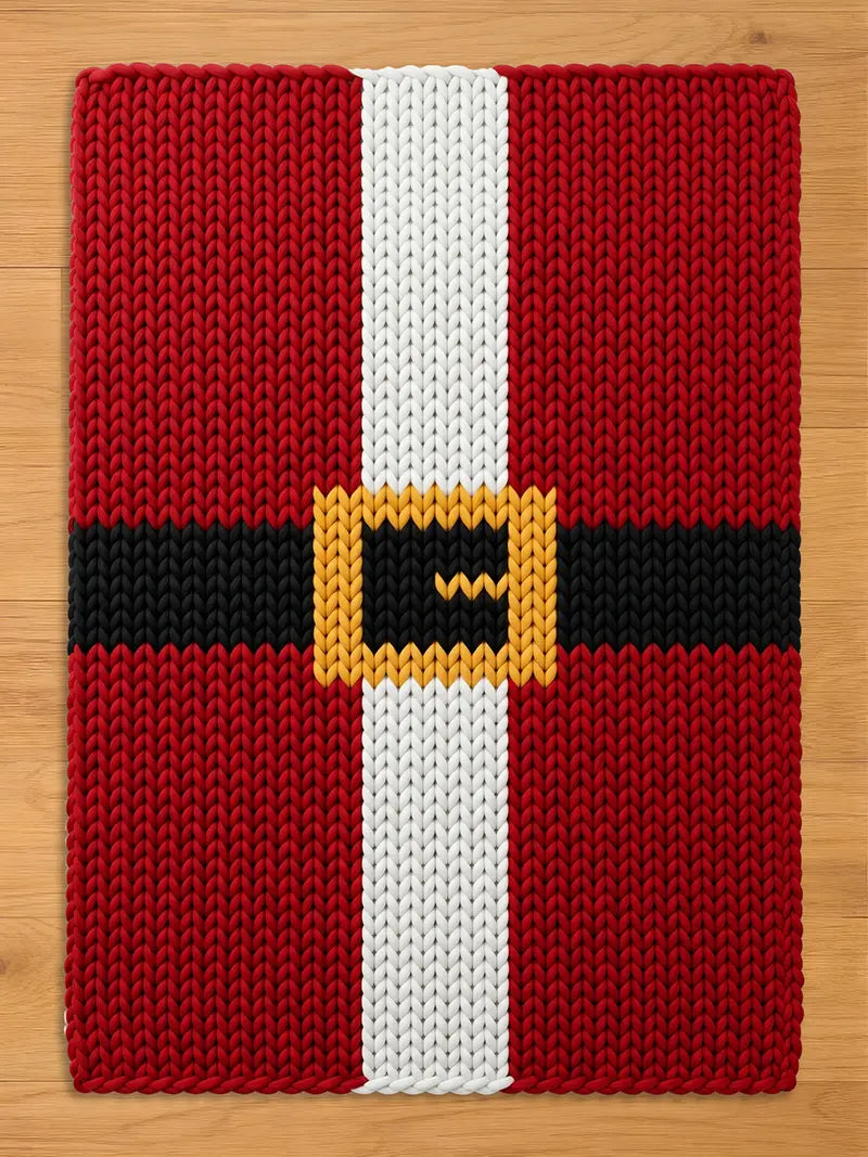 Red chunky knit blanket with a festive Santa suit design. The pattern includes a thick white center stripe and a horizontal black belt with a gold-colored knit buckle, laid flat on a light wood floor.