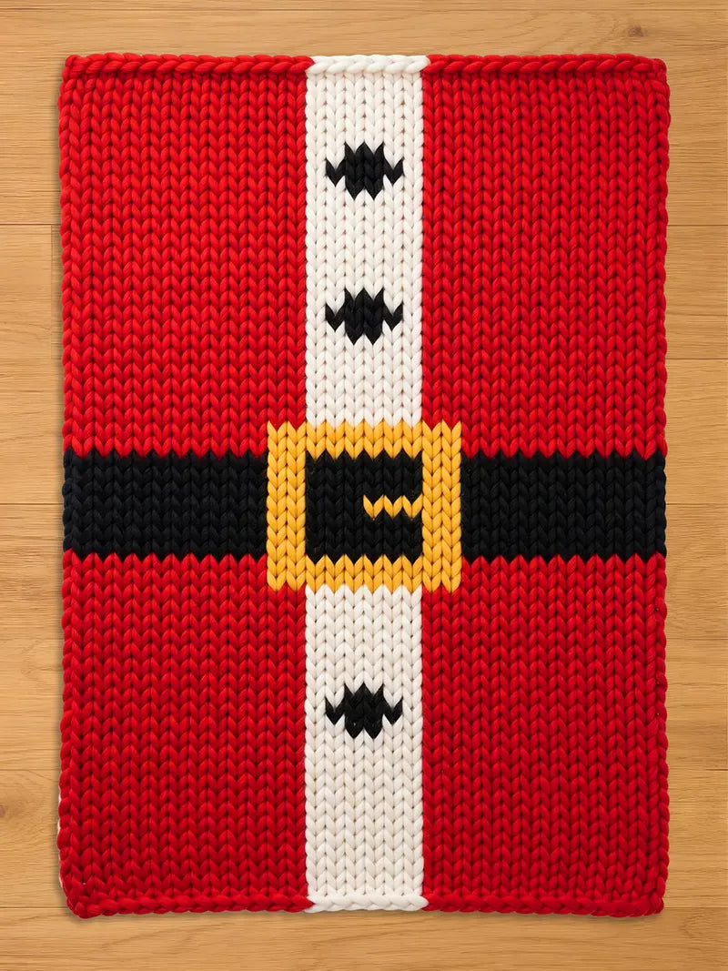 A rectangular knitted textile featuring a red background with a vertical white stripe down the center. The design includes a horizontal black band across the middle with a yellow square buckle and three small black diamond shapes.