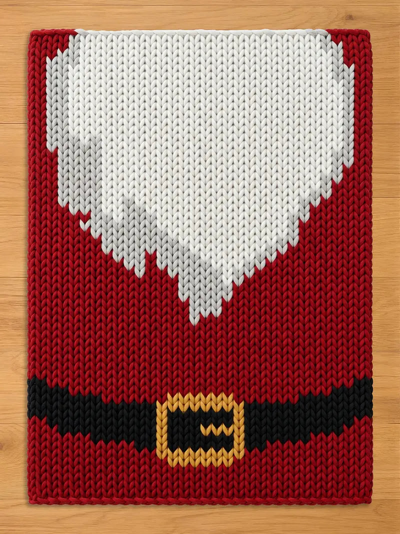 A chunky knit blanket designed to look like a Santa Claus suit, featuring a red background, a large white beard pattern at the top, and a black belt with a gold buckle near the bottom