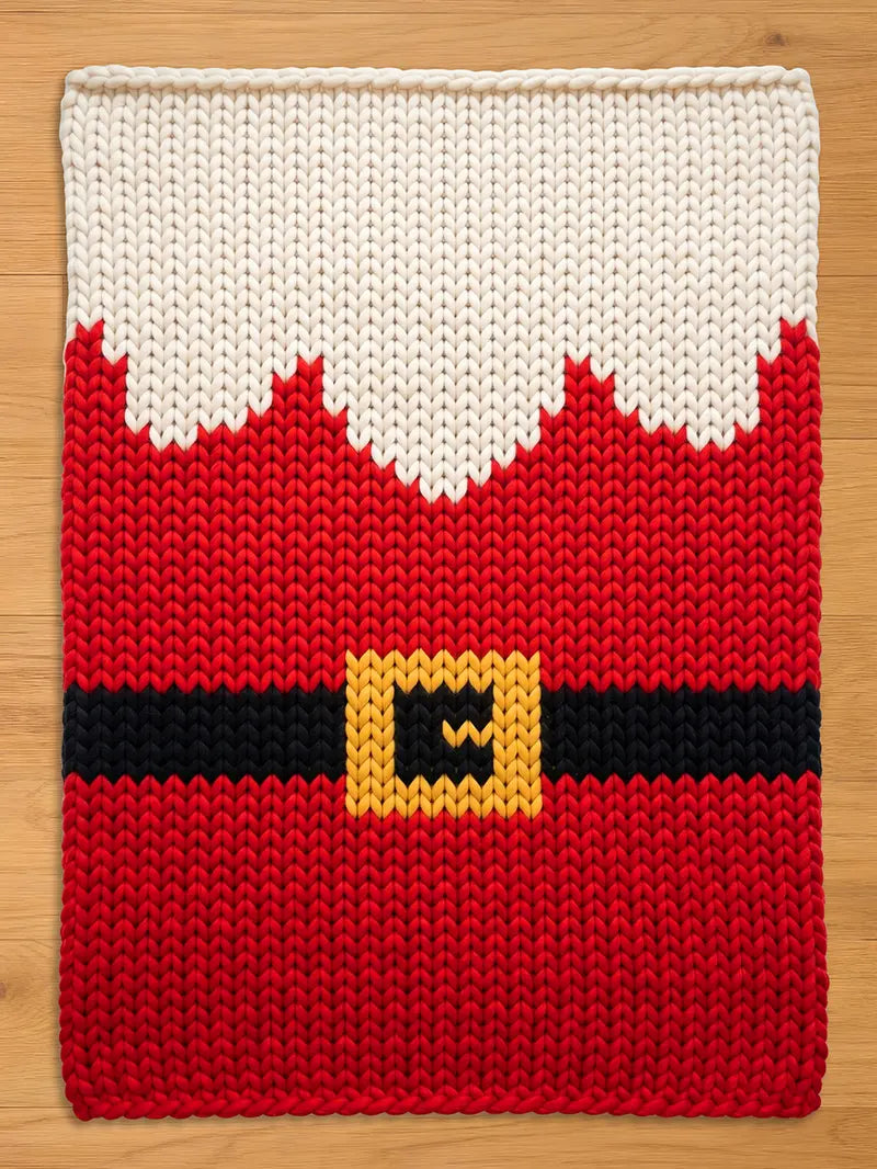 A knitted Christmas-themed chunky blanket featuring a Santa Claus suit design. The top portion is white, mimicking a beard, transitioning to a red body with a black belt and a gold buckle. The design is made of thick yarn.