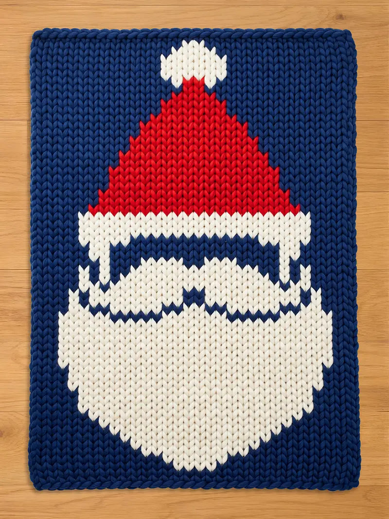 A knitted Christmas-themed chunky blanket featuring a Santa Claus face. The design includes a red hat with a white pom-pom, a white beard, and a blue background. The rug is rectangular and made of thick yarn.