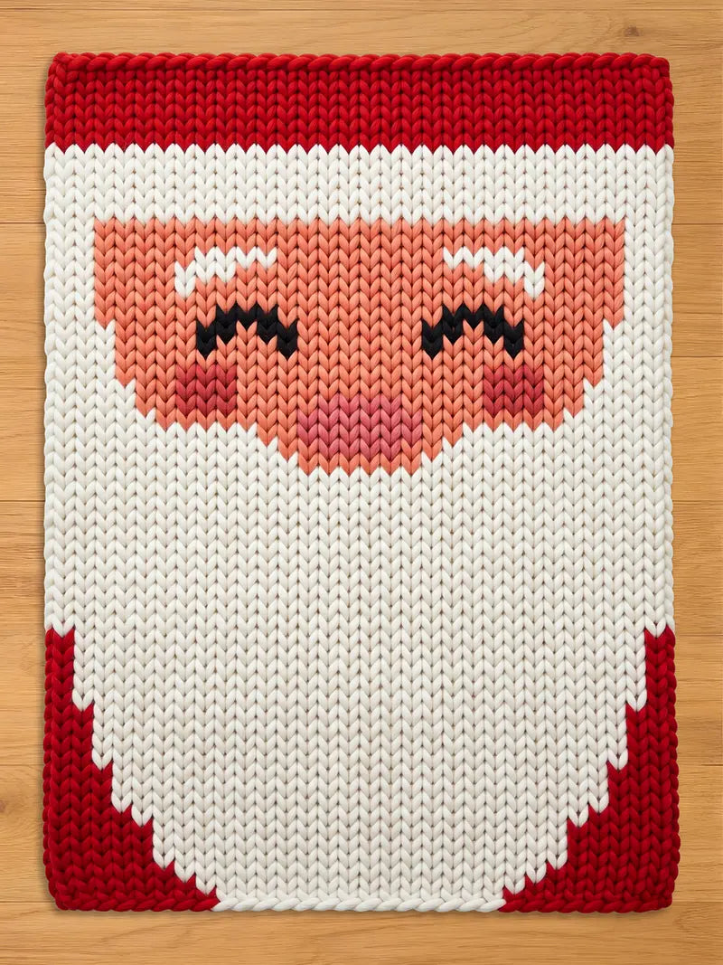 A rectangular chunky knit blanket laid flat on a wooden surface. The knit pattern depicts a sleeping Santa face with closed black eyes, rosy cheeks, a pink nose, and a large white beard, framed by a red border at the top and bottom corners
