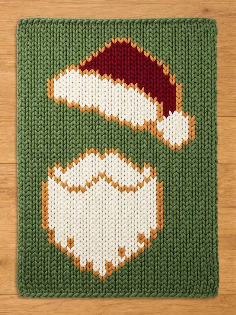 A rectangular knitted blanket featuring a chunky olive green background with a central graphic design of a white Santa Claus beard and a red Santa hat with a white trim, all constructed with a thick, textured yarn knit pattern.