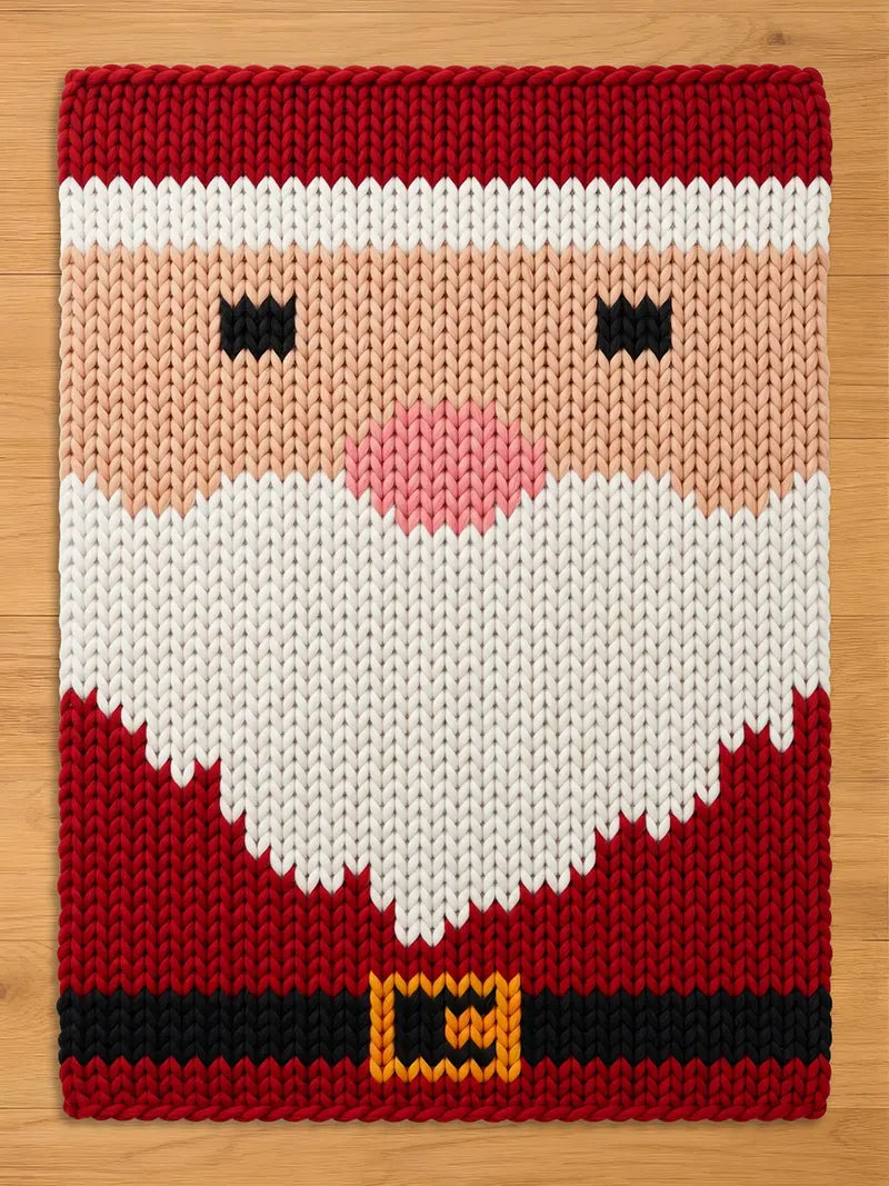 A rectangular chunky knit blanket featuring a large, stylized Santa Claus pattern. The knitted design shows a red hat with a white brim, a peach face with black eyes and a round pink nose, a large white V-shaped beard, and a red suit with a black belt and yellow buckle, laid flat on a light wooden surface