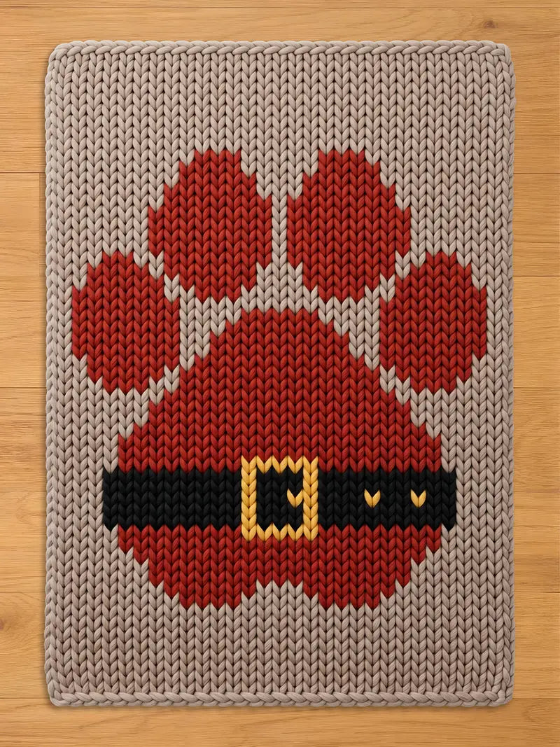Chunky knit beige blanket featuring a large red paw print designed to look like a Santa suit with a black belt and yellow buckle.