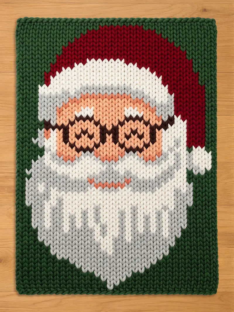 A chunky knit blanket featuring a large, colorful portrait of Santa Claus wearing glasses on a dark green background.
