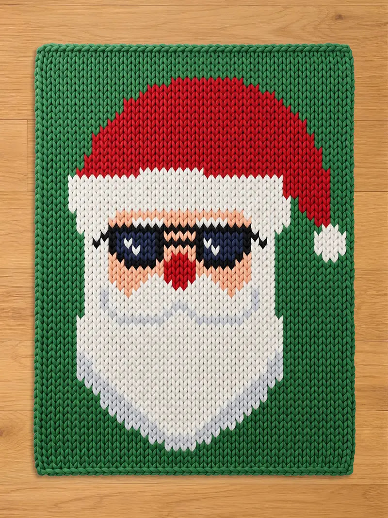 Chunky knit blanket featuring a pattern of Santa Claus wearing black sunglasses against a green background.