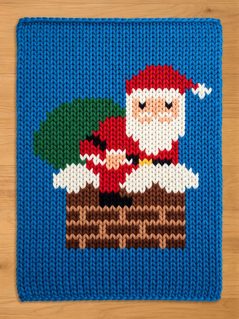 A knitted blue Christmas-themed blanket featuring Santa Claus in a chimney. Santa is wearing a red suit and hat, with a white beard and a green sack of gifts. The chimney is brown, and the blanket has a blue border.