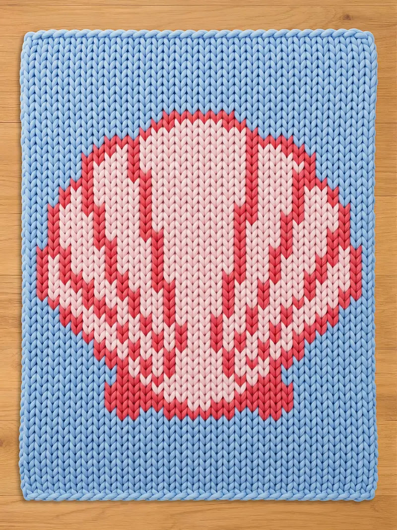 A chunky knit blanket laid flat on a wooden surface. It features a light blue background with a large, stylized pink and coral seashell pattern knitted into the center