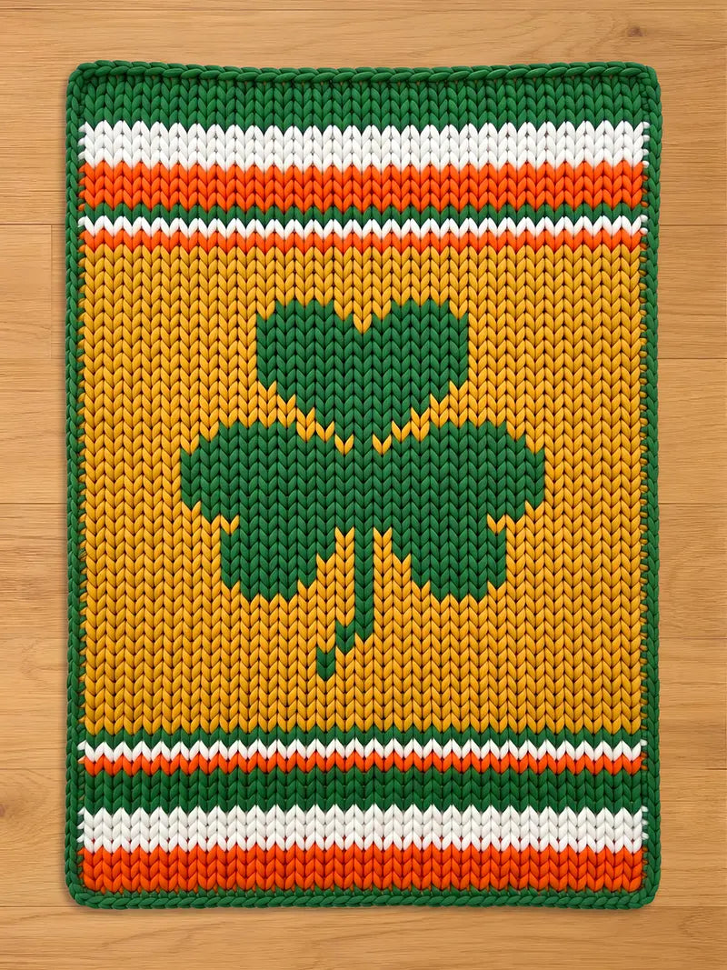 A knitted rectangular chunky blanket featuring a large green shamrock on a yellow background. The blanket has green borders and stripes of white, orange, and green at the top and bottom. The design is reminiscent of Irish heritage.