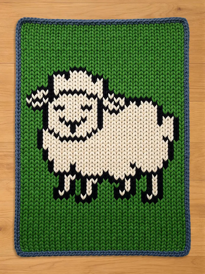 Chunky knit blanket featuring a stylized white sheep with black outlines on a vibrant green background, finished with a dark blue border.