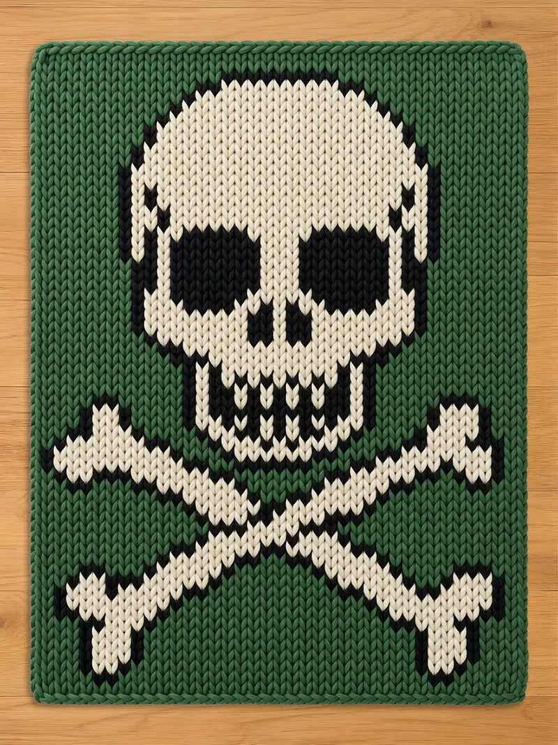 A rectangular knitted textile featuring a prominent skull and crossbones design. The background is a deep forest green, while the skull and bones are rendered in cream-colored yarn with black yarn accents defining the eye sockets and teeth.