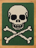 A rectangular knitted textile featuring a prominent skull and crossbones design. The background is a deep forest green, while the skull and bones are rendered in cream-colored yarn with black yarn accents defining the eye sockets and teeth.