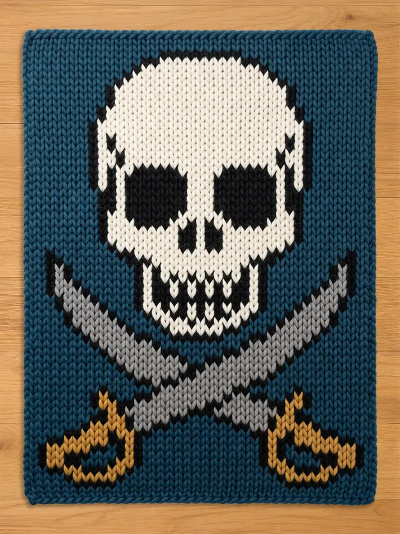 A rectangular knitted textile featuring a central white skull with black eye sockets and nasal cavity, positioned above two crossed grey swords with gold-colored hilts, all set against a solid dark teal blue background.
