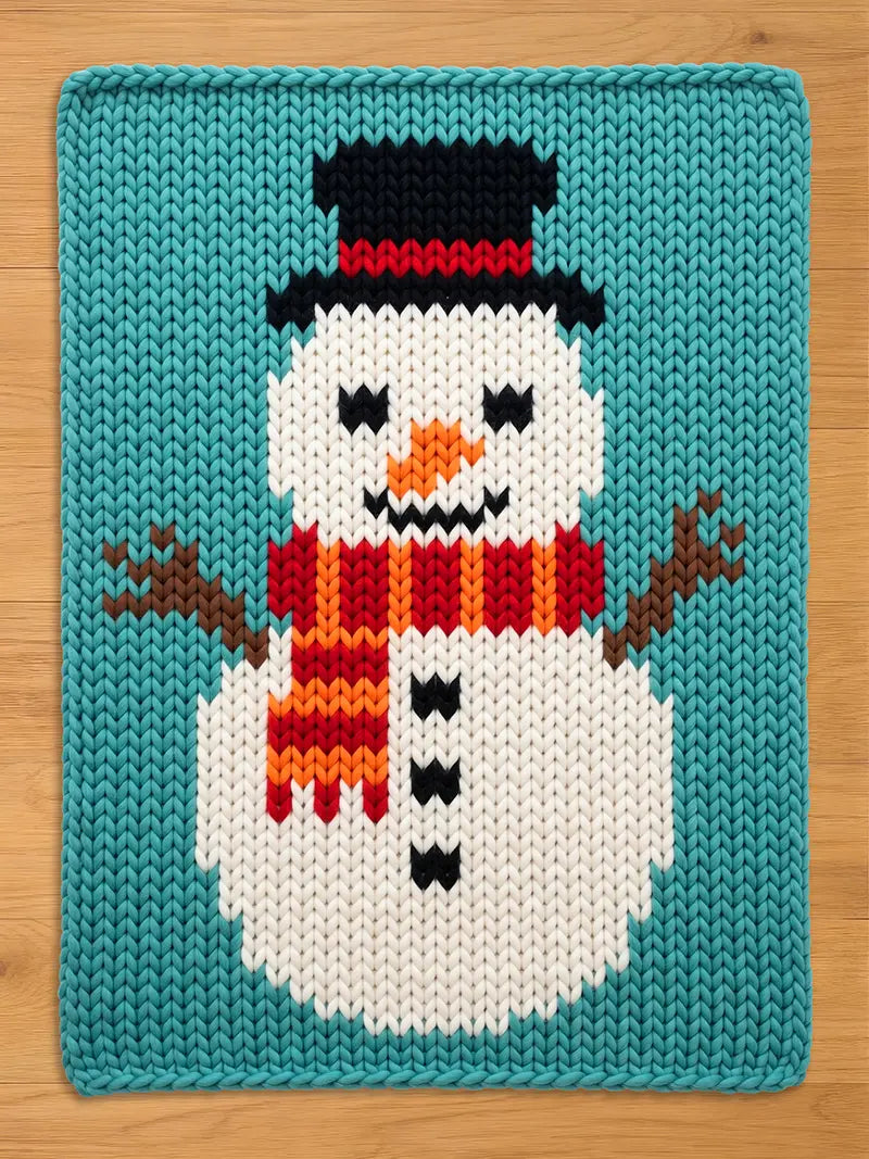 A rectangular knit blanket featuring a white snowman on a teal background. The snowman wears a black top hat with a red band, an orange carrot nose, and a red and orange striped scarf. Three black buttons are on the snowman's torso.