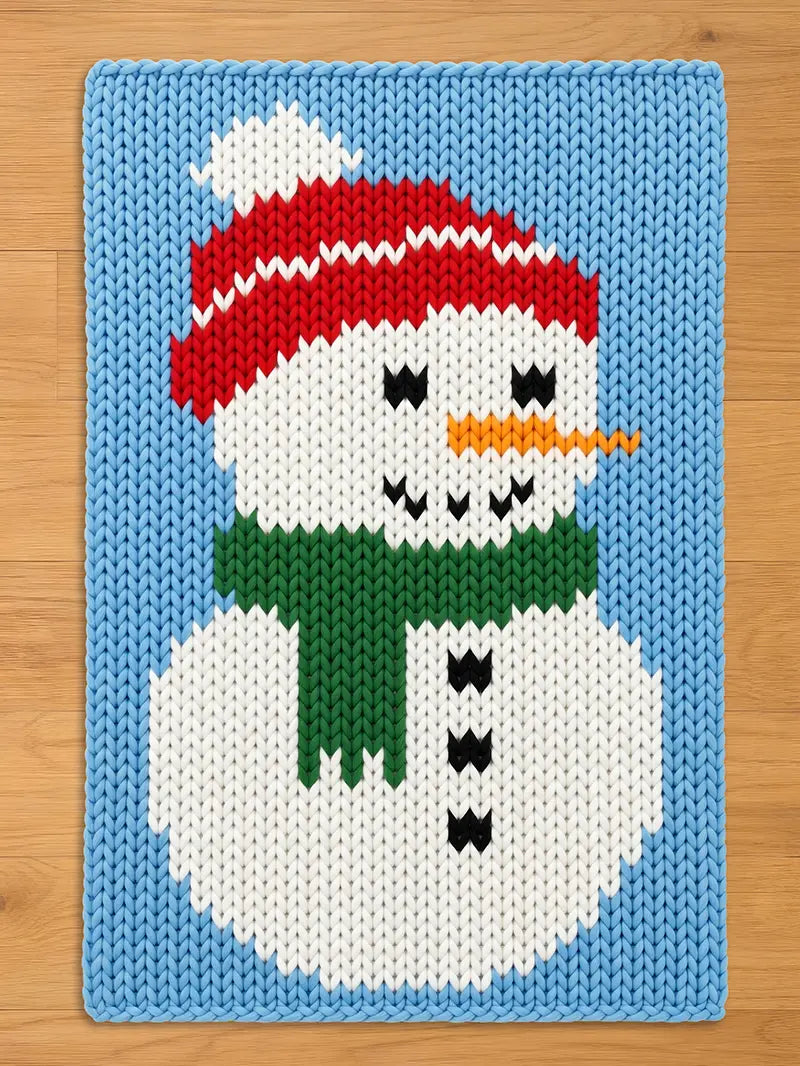 A knitted snowman design on a blue background. The snowman has a red and white hat, a green scarf, and a carrot nose. Black buttons and eyes complete the design. The background is a light blue color.