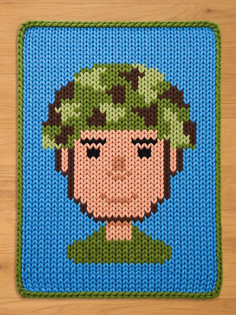 A knitted chunky blanket featuring a pixelated face with a green leafy hair design. The face is peach-colored with black eyes and a green collar. The blanket has a blue background with a green border.