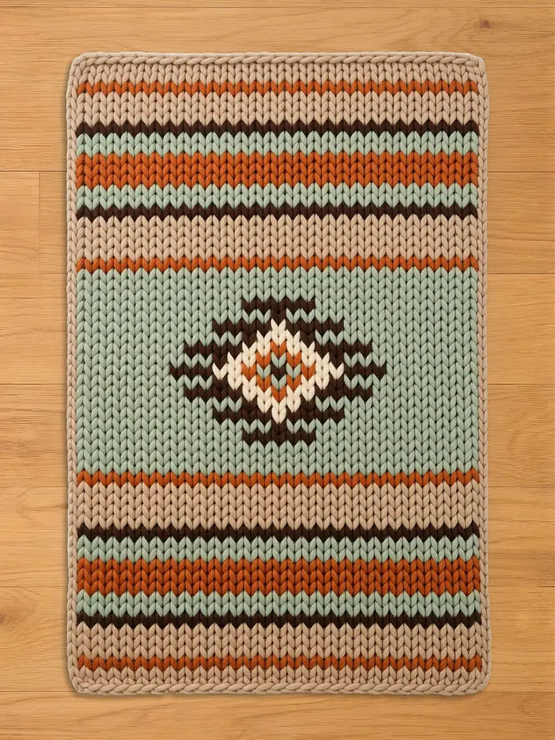 Chunky knit blanket featuring a Southwestern geometric pattern in mint green, burnt orange, dark brown, and tan.