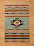 Chunky knit blanket featuring a Southwestern geometric pattern in mint green, burnt orange, dark brown, and tan.
