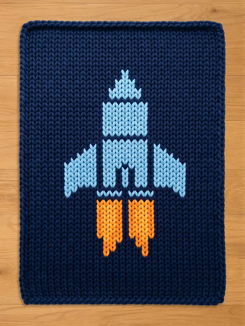Dark blue chunky knit blanket featuring a large light blue spaceship design with bright orange exhaust flames.