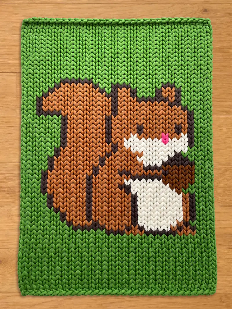 A knitted green chunky blanket featuring a pixelated squirrel design. The squirrel is brown, white, and black with a pink nose. The blanket has a thick, textured appearance, suitable for a child's room or nursery.