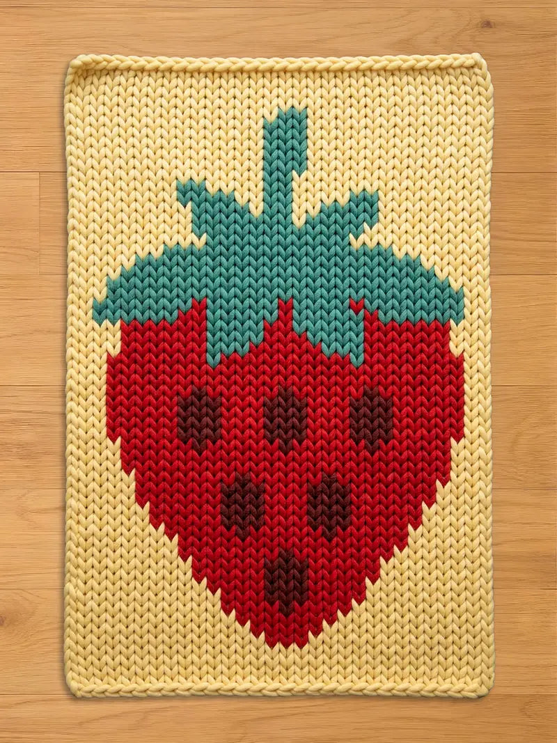 A knitted chunky blanket featuring a large strawberry design. The strawberry is red with dark brown seeds and a green and teal stem. The background is a light yellow color.