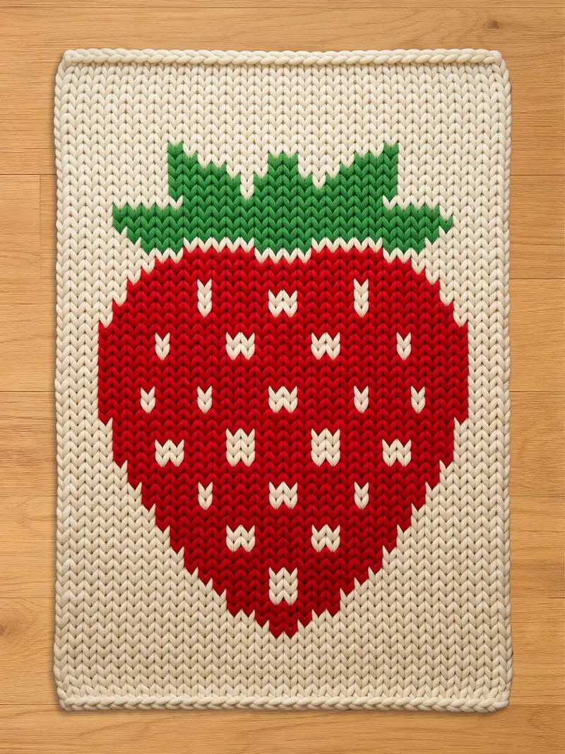 A knitted chunky blanket featuring a large red strawberry design with white seeds and green leaves. The strawberry is centered on a cream-colored background. The blanket has a textured, woven appearance.