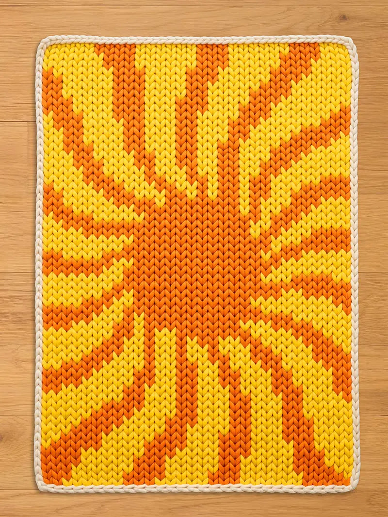 A rectangular, knitted chunky blanket with a sunburst design in shades of yellow and orange. The blanket has a white border and is placed on a wooden surface. The knitted texture is clearly visible, showcasing the craftsmanship of the piece.