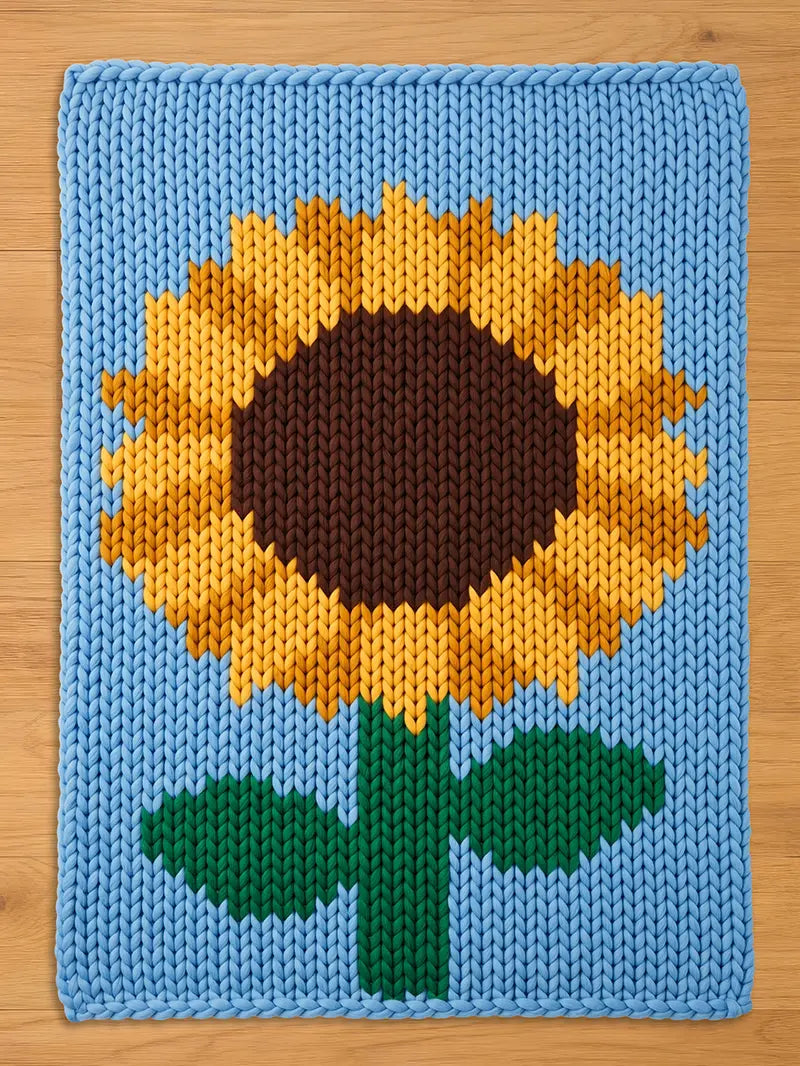 A knitted rectangular chunky blanket featuring a large sunflower design. The sunflower has a brown center, yellow petals, and a green stem and leaves, set against a light blue background.