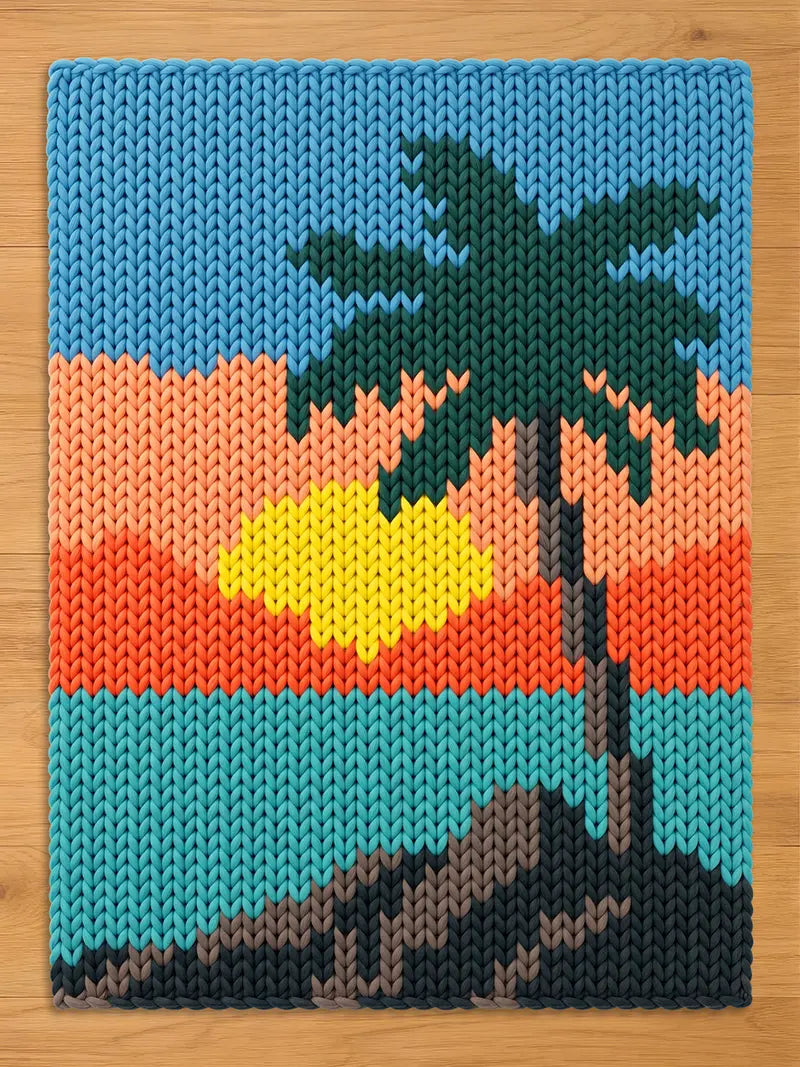 A rectangular chunky knit textile featuring a graphic design of a palm tree on a beach at sunset. The scene includes a blue sky, an orange horizon, a bright yellow sun, a teal ocean, and a dark gray sandy shore with a palm tree silhouette.