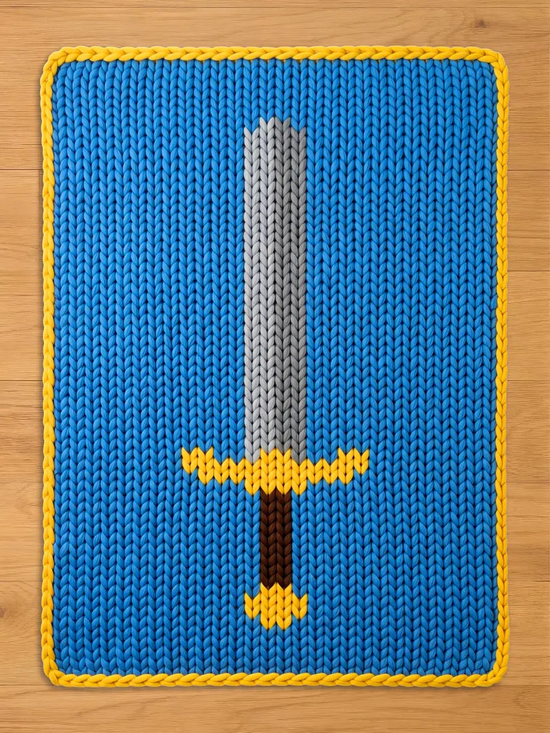 Chunky knit blanket in bright blue featuring a large sword design with a silver blade, gold hilt, and brown handle, finished with a yellow border