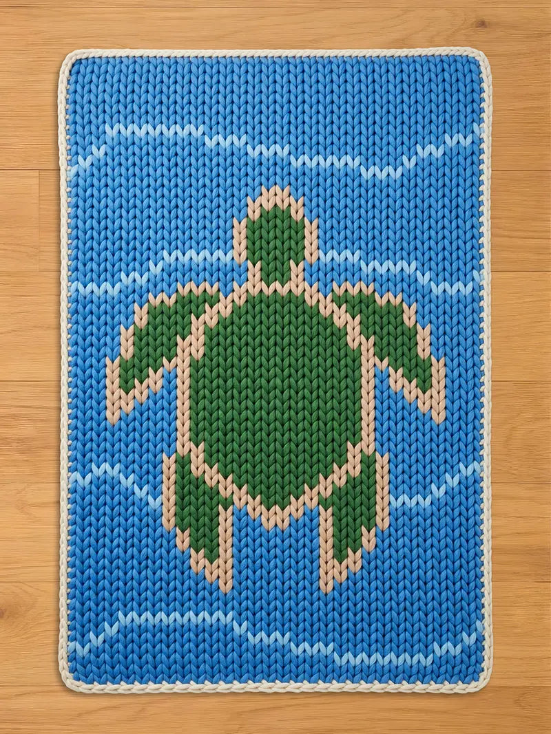 A knitted chunky blanket featuring a green turtle swimming in blue water. The turtle is outlined in a light tan color, and the water has white wave patterns. The blanket has a white border.