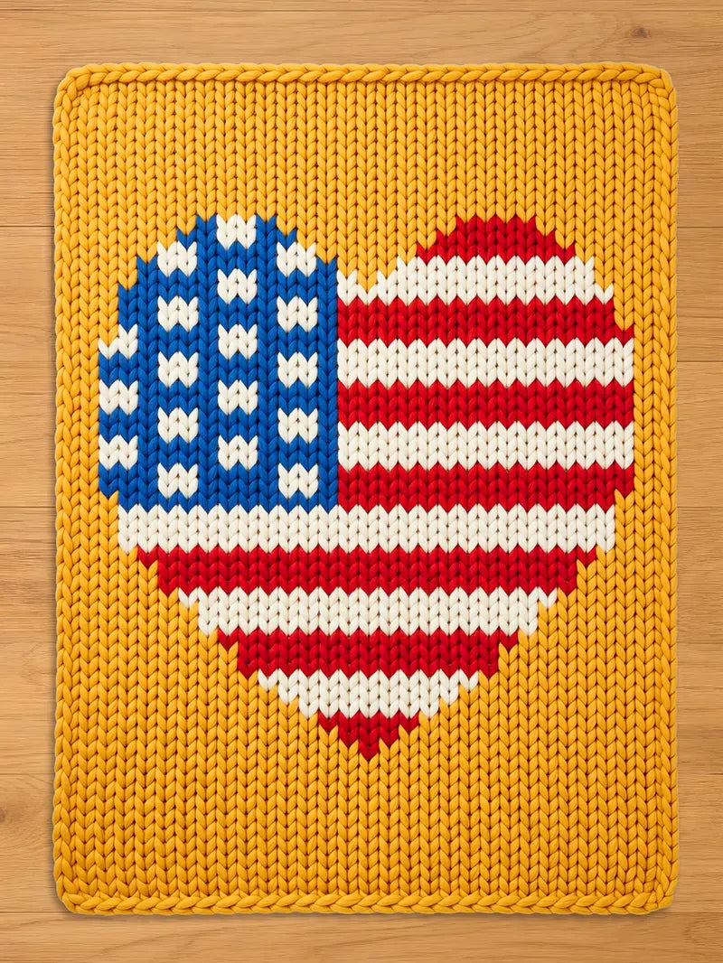 a rectangular chunky knit blanket laid flat on a wooden surface. The blanket features a solid mustard-yellow background with a large, central heart shape. The heart is patterned after the American flag, containing a blue upper-left section with white knit details representing stars, and red and white horizontal stripes filling the remainder of the heart.