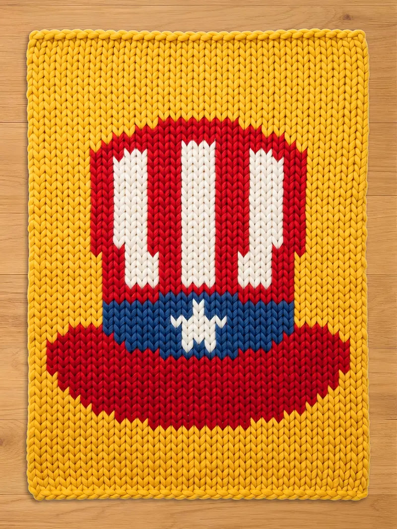 A rectangular chunky knit blanket in mustard yellow featuring a central graphic of a red, white, and blue top hat. The hat design includes vertical white stripes on a red background with a blue band and a single white star in the center.