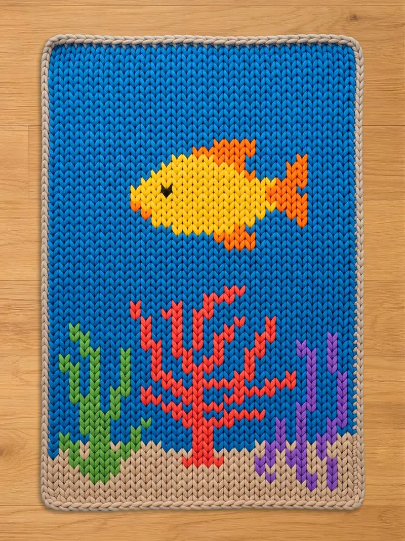 A knitted rectangular chunky blanket with a blue background depicting an underwater scene. A yellow fish with orange fins swims above coral and plants in shades of red, green, and purple. The blanket has a beige border.