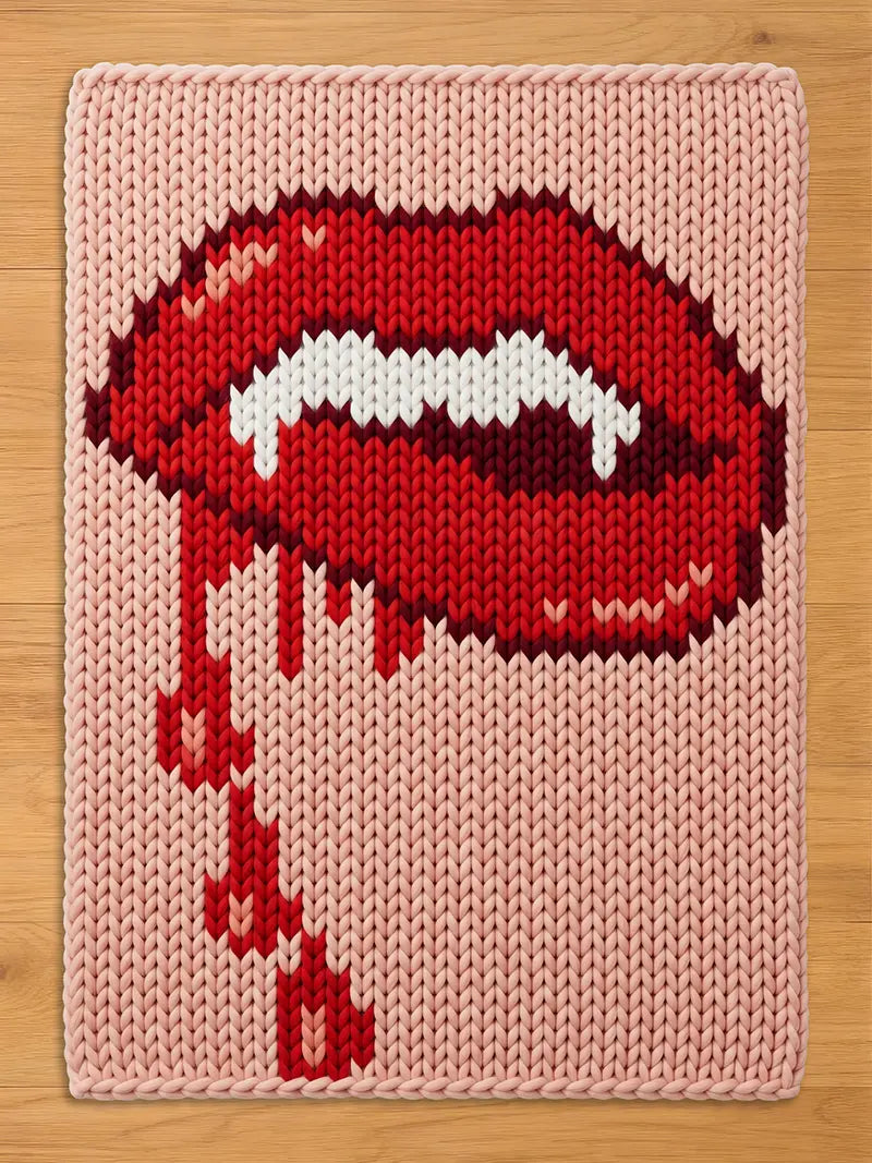 A light pink chunky knit blanket featuring a bold graphic of red vampire lips with white fangs and dripping blood