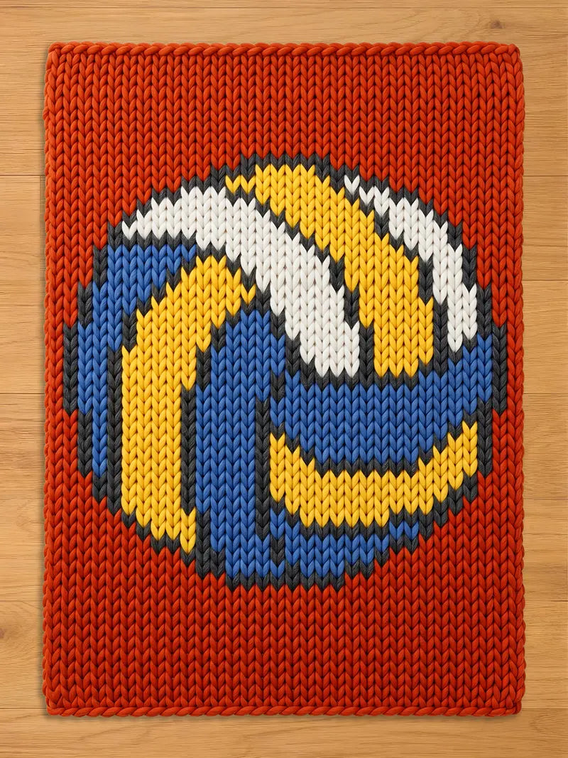 A rectangular knitted blanket featuring a large, centered volleyball graphic. The background is a solid burnt orange, while the volleyball design is composed of thick, textured yarn in vibrant shades of blue, yellow, and white.