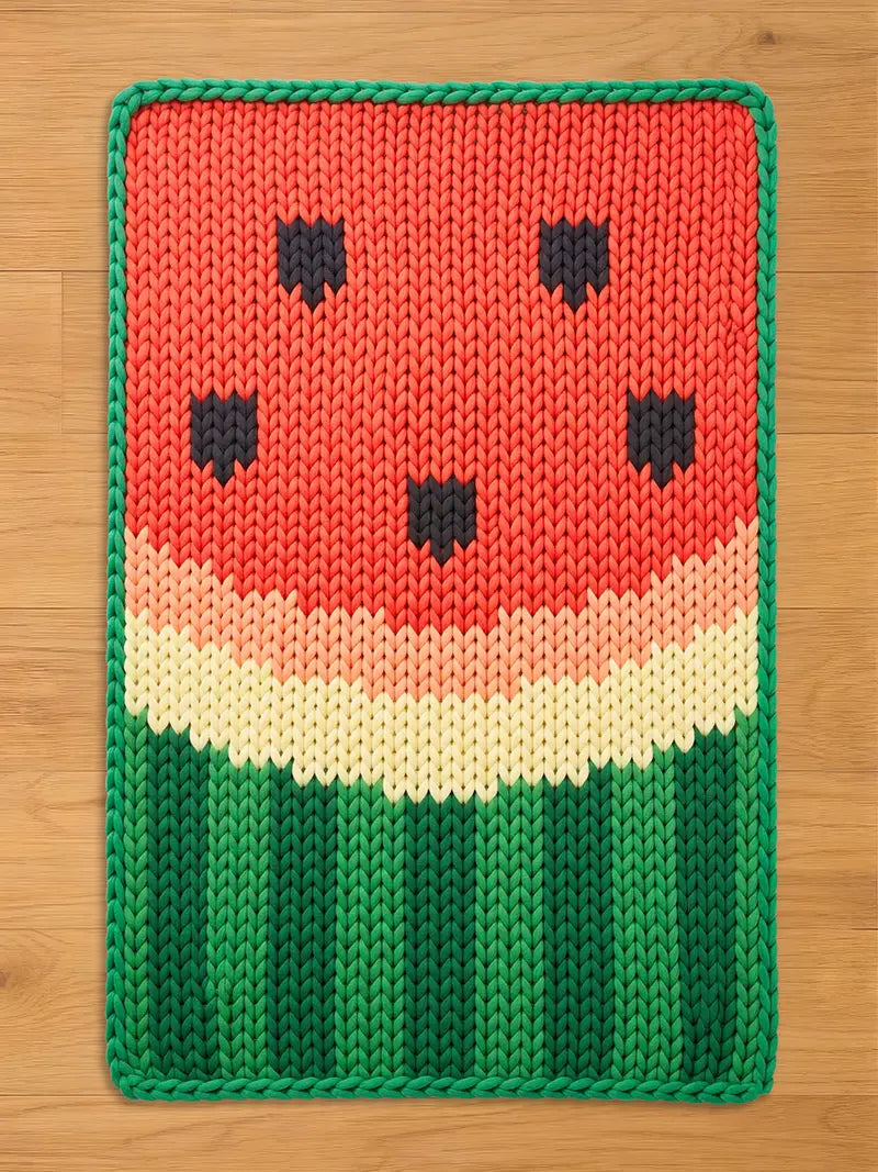 Rectangular chunky knit watermelon blanket laying flat on a wooden floor. The knitted pattern features a vibrant red center with black seed details, a curved pale yellow rind, and alternating dark and light green vertical stripes at the base