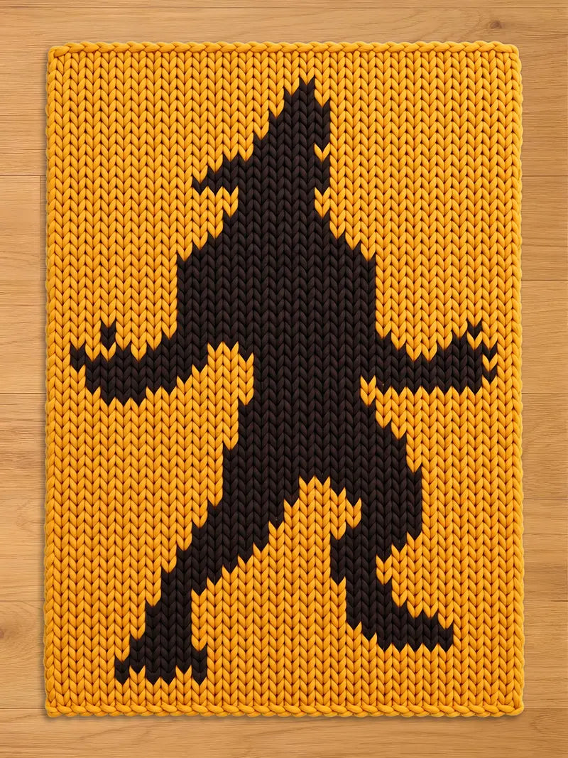 A rectangular knit blanket featuring a bold, black silhouette of a werewolf standing on its hind legs against a vibrant, golden-yellow background. The thick, chunky yarn creates a distinct, textured pattern throughout the entire piece.