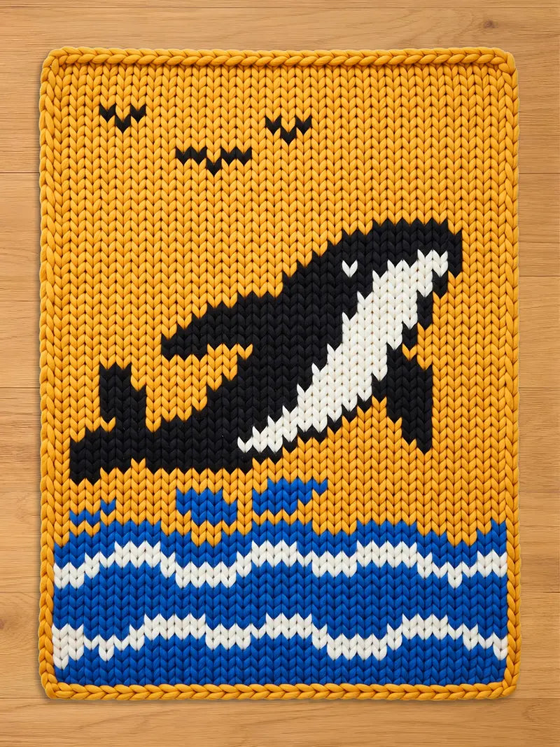 Chunky knit blanket featuring a black and white orca whale breaching over blue waves against a mustard yellow sky