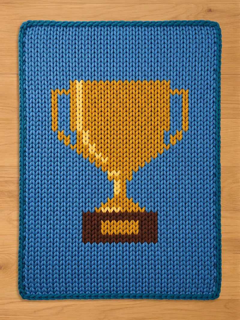 Chunky knit blanket featuring a large golden-yellow trophy cup design on a medium blue background